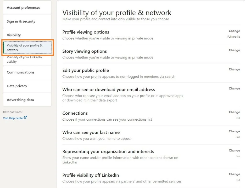 LinkedIn private mode settings